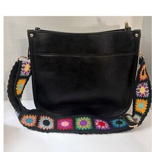 Black Faux Leather Shoulder Bag Boho Crochet Strap Crossbody Adjustable